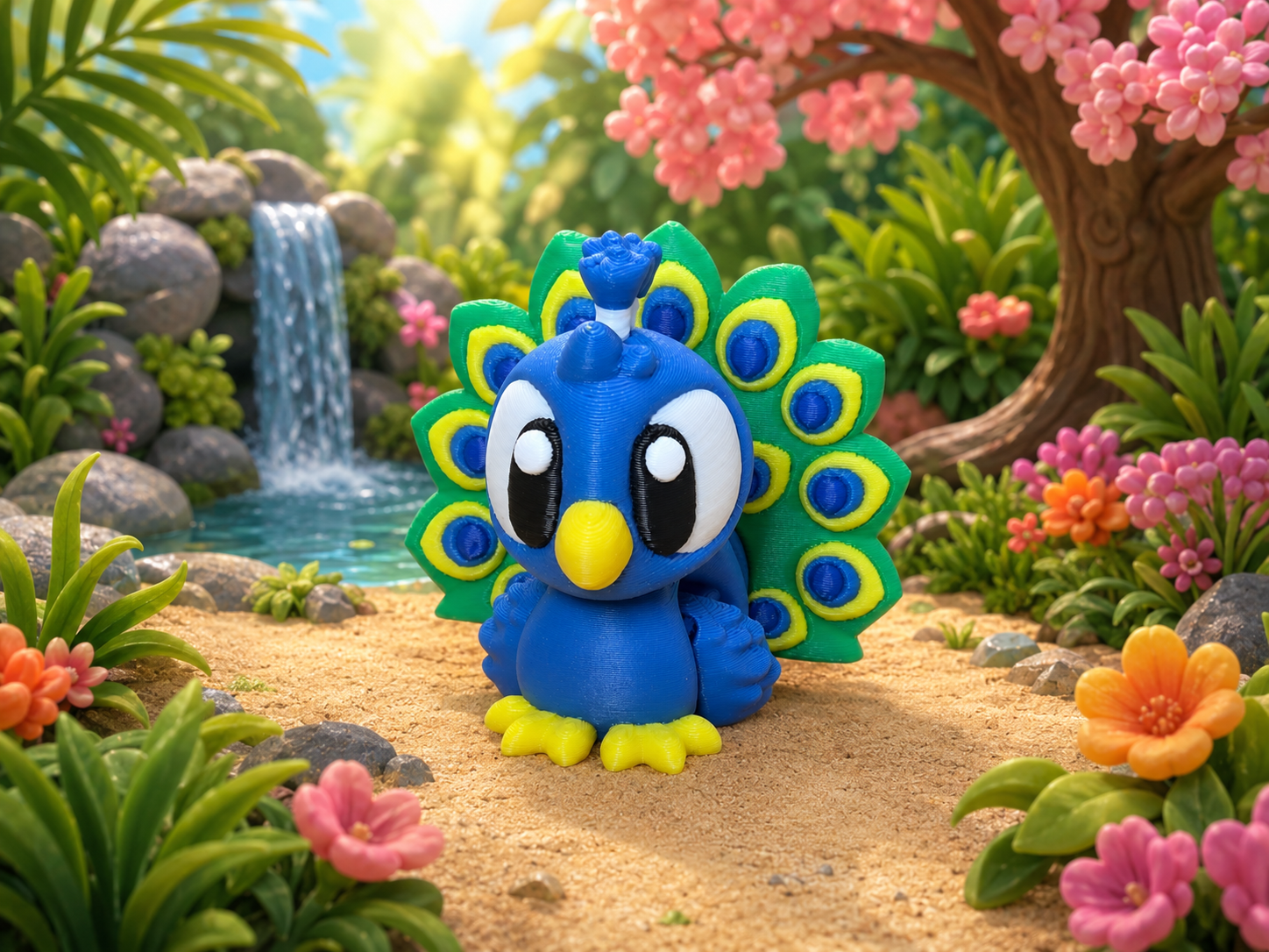 A small blue cartoon peacock figurine with a bright green and blue tail and yellow beak and feet, standing on sandy ground in a colorful garden scene with flowers, foliage, and a waterfall.