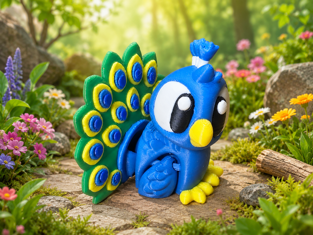 A small blue peacock figurine with a green and yellow tail and large white eyes, posed on a stone path surrounded by flowers and greenery.